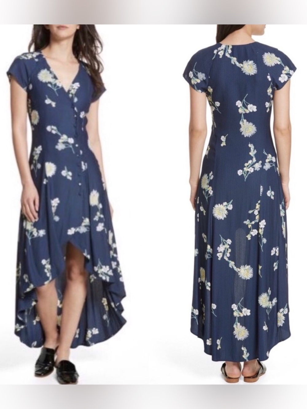 Free People Navy Floral Button Up Dress